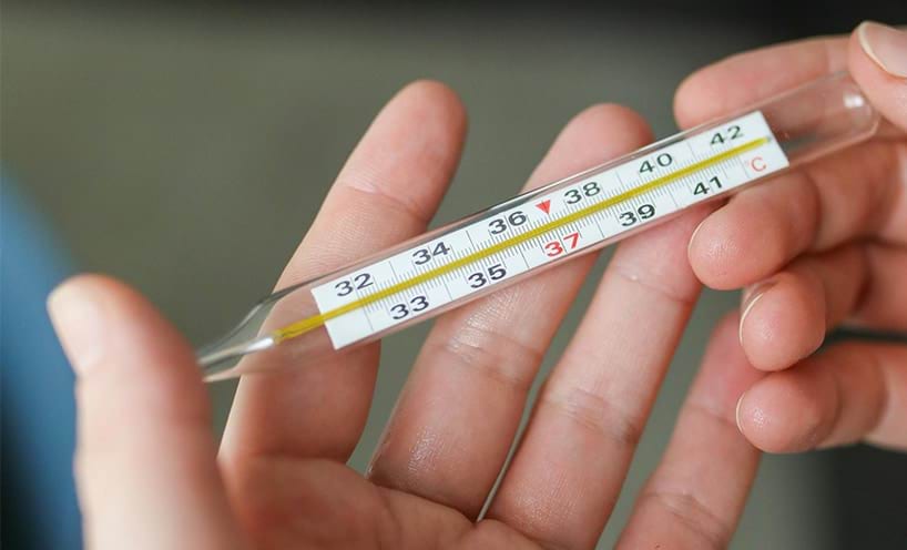 A pair of hands holding a thermometer.