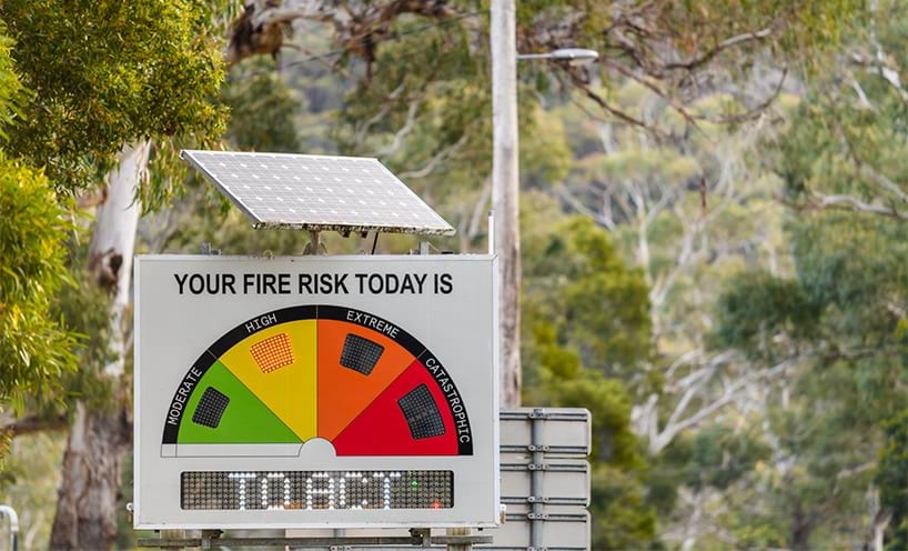 Fire risk board with 'Your fire risk today' and 'to act' with a colour chart with the different risk level warning